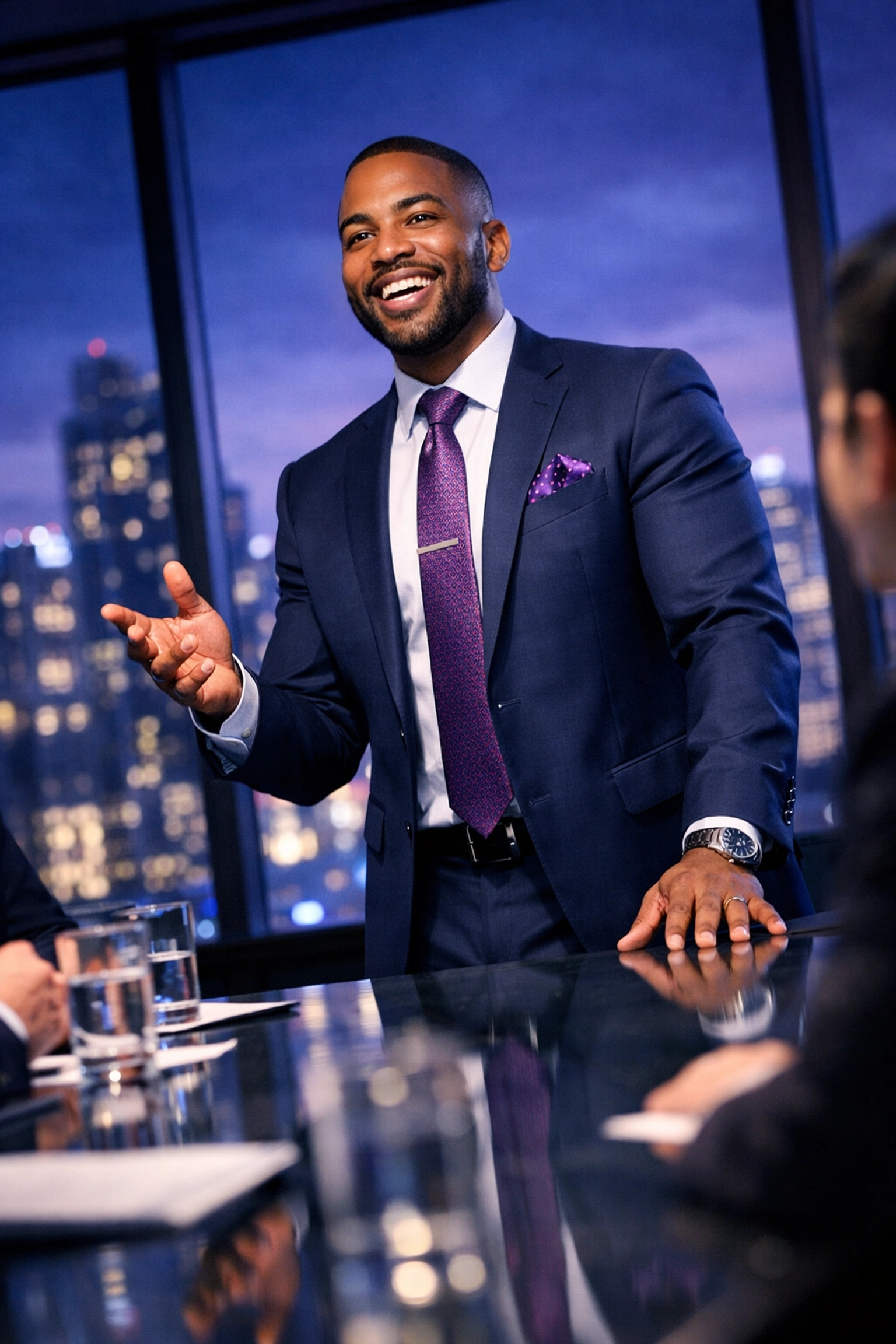 Confident gay professional leading a corporate meeting in a modern office, representing queer leadership.