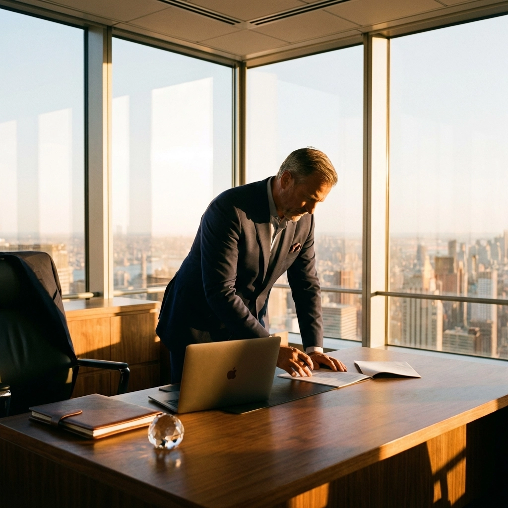Confident investor in a modern office reviewing documents for private equity opportunities at sunset cityscape.