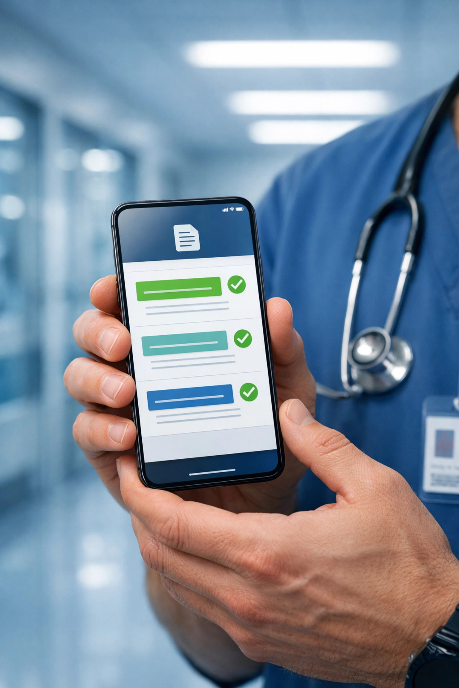 Nurse reviewing audit-ready notes on a mobile app with real-time clinical decision support.