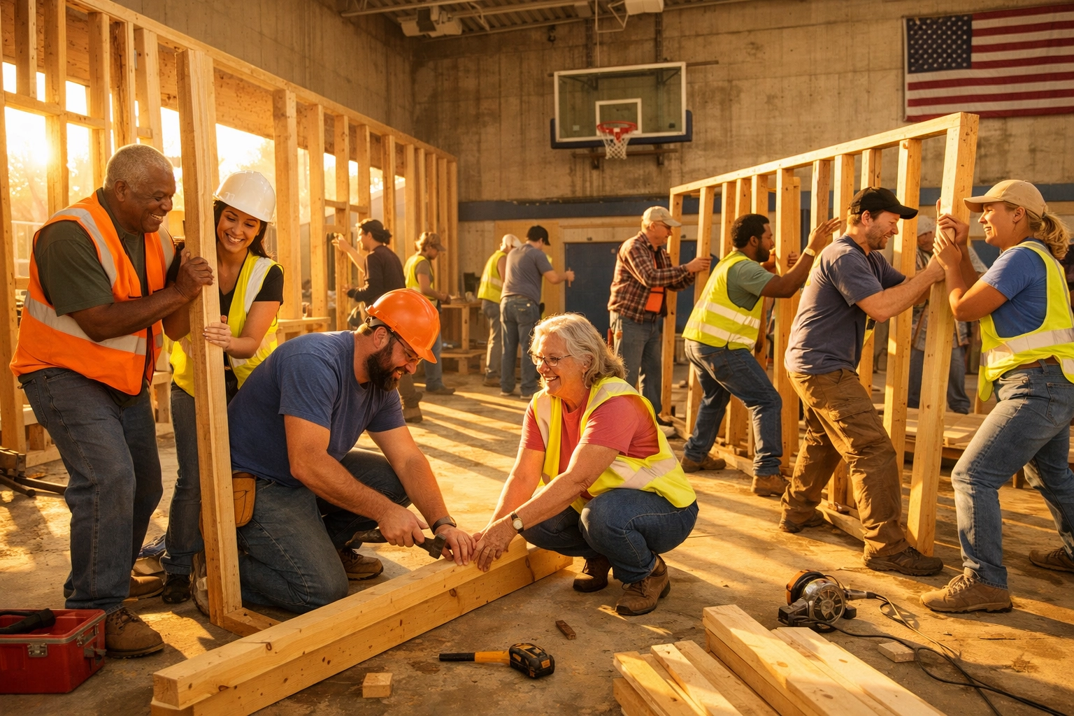 Volunteers rebuilding Kentucky school gymnasium together after tornado damage