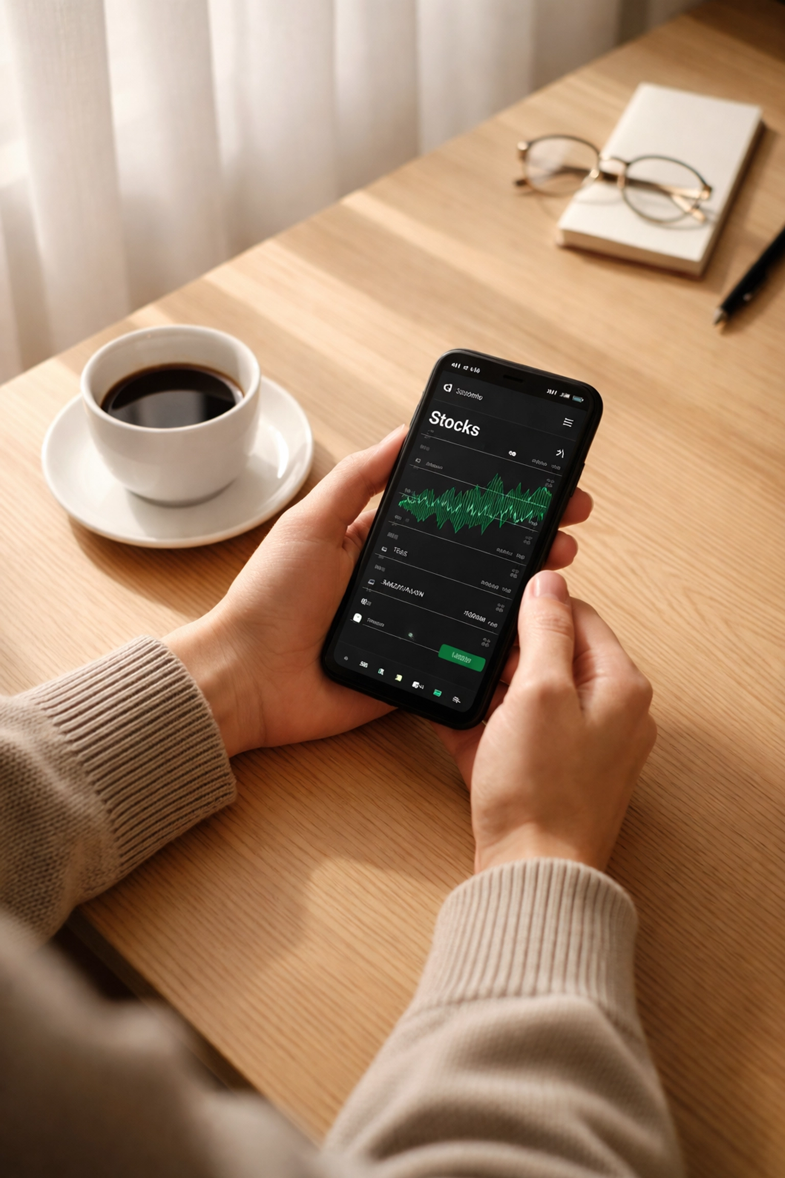 Person checking stock market app on smartphone, demonstrating year-round portfolio monitoring.