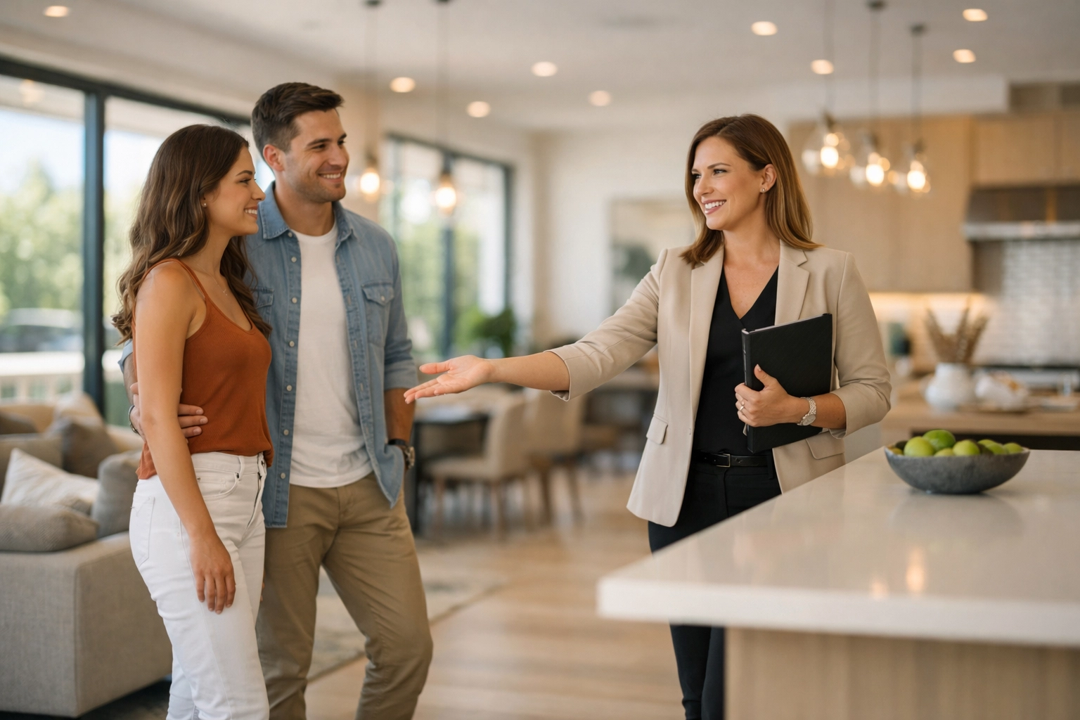Orlando real estate agent showing a modern model home to a couple during a property tour.