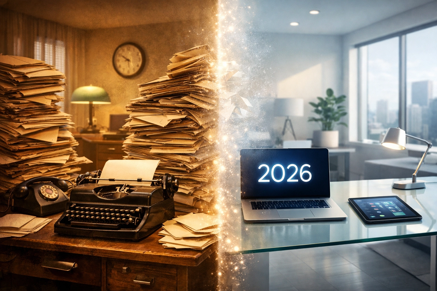 Evolution of business tax filing paperwork comparing old 1099 rules with modern 2026 tax reporting efficiency.