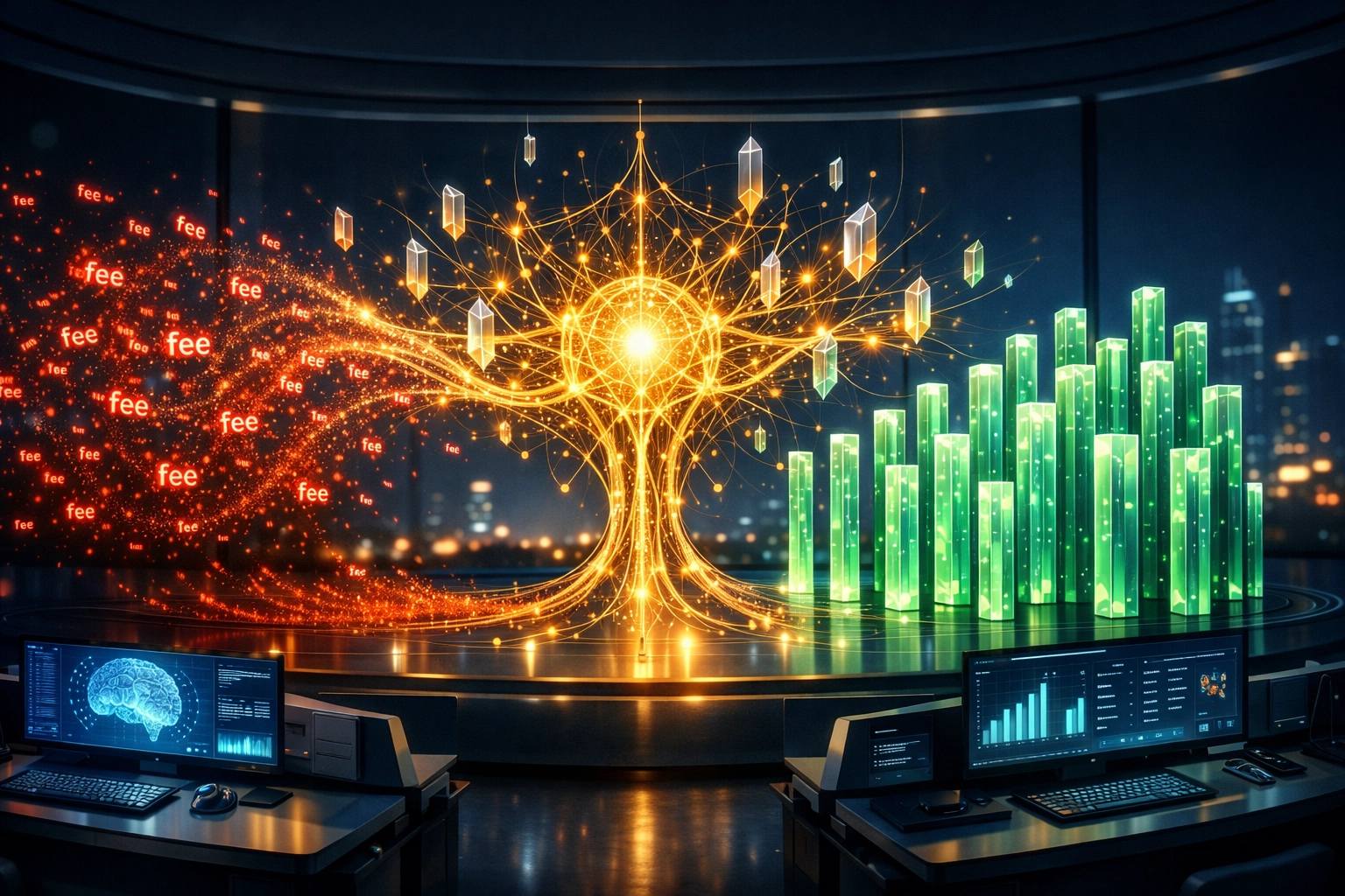 AI command center visualizing the optimization of transaction data to reduce merchant processing costs.