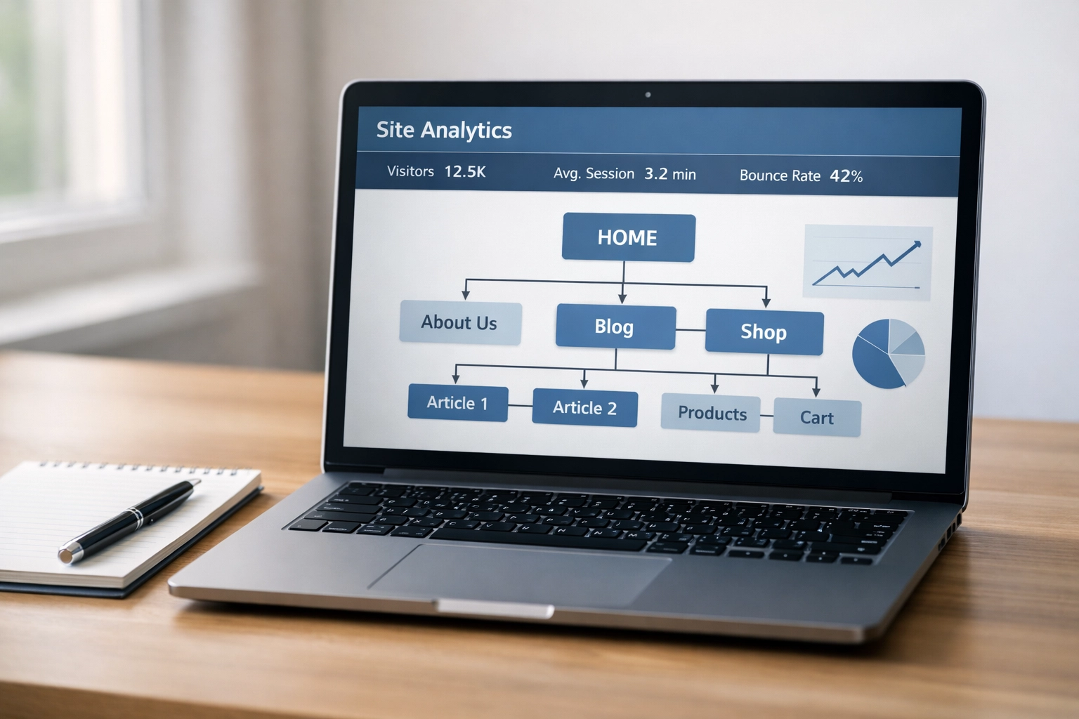 Laptop displaying website structure diagram for technical SEO audit