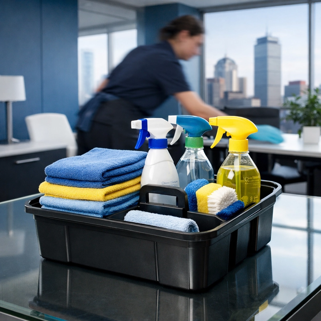 Organized professional cleaning supplies ready for efficient commercial cleaning services in Boston.