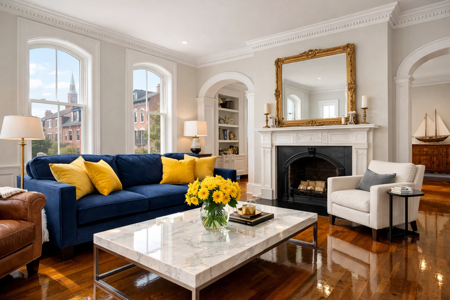 Sun-drenched living room with shiny hardwood floors maintained by Trusted Local Cleaners Charlestown.