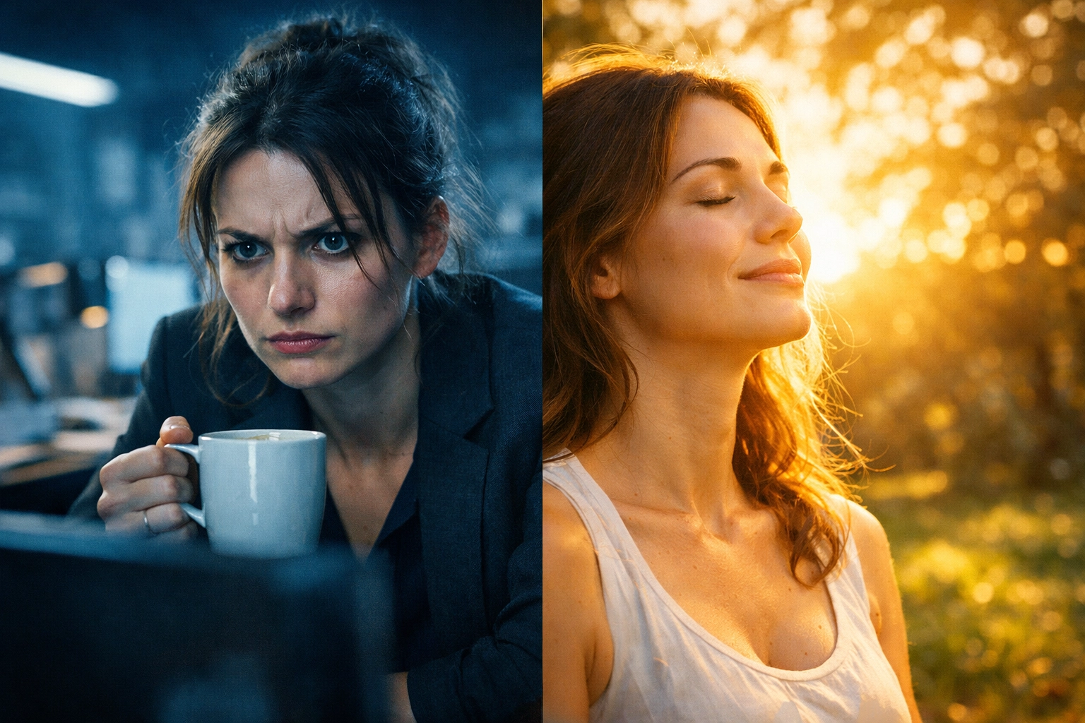 Woman shifting from office stress to a calm park flow state for nervous system regulation.