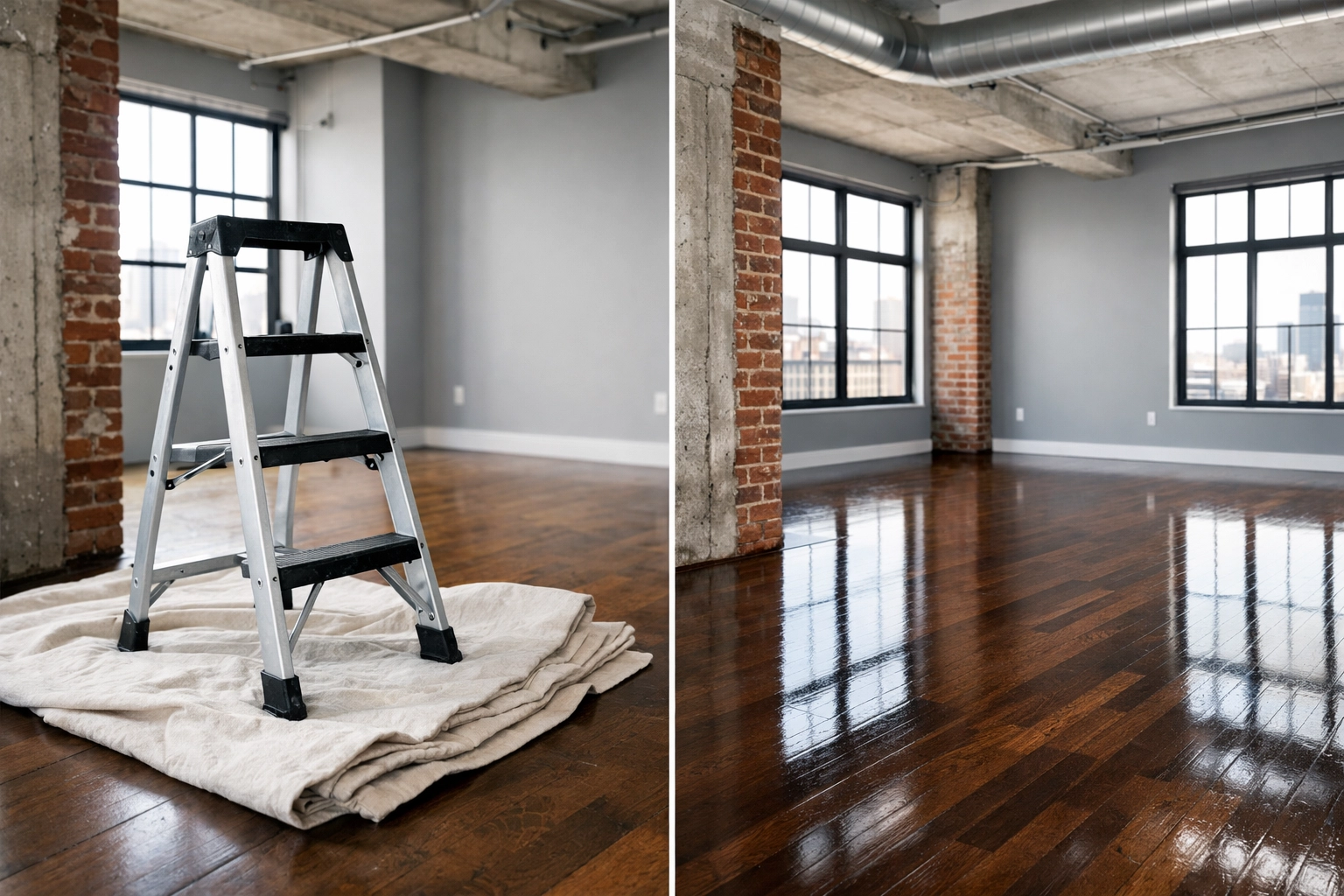 Polished hardwood floors and maintenance tools in a Detroit loft ready for a new tenant move-in.
