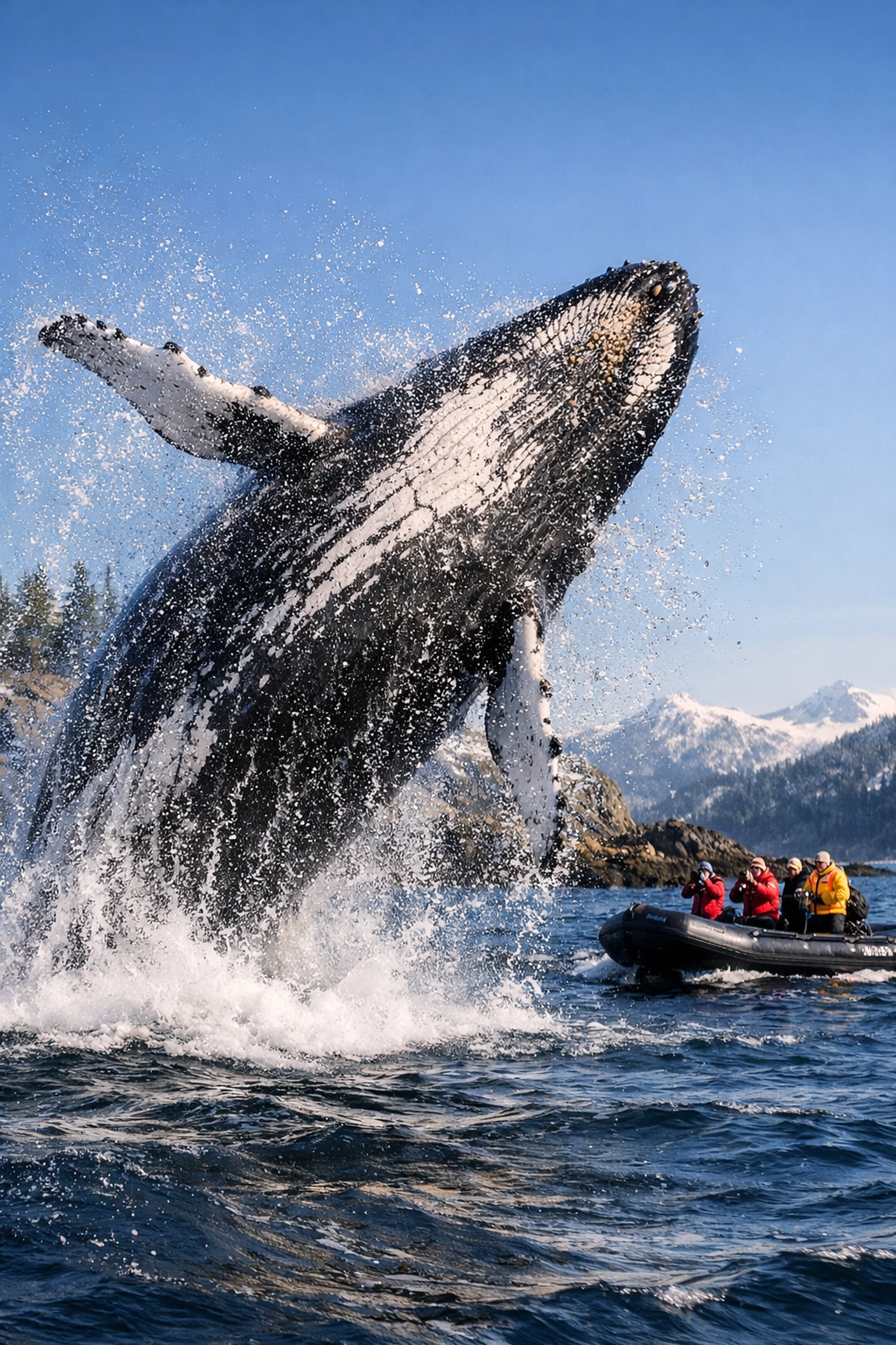 Humpback whale breaching near a small expedition boat during an Alaska shore excursion.