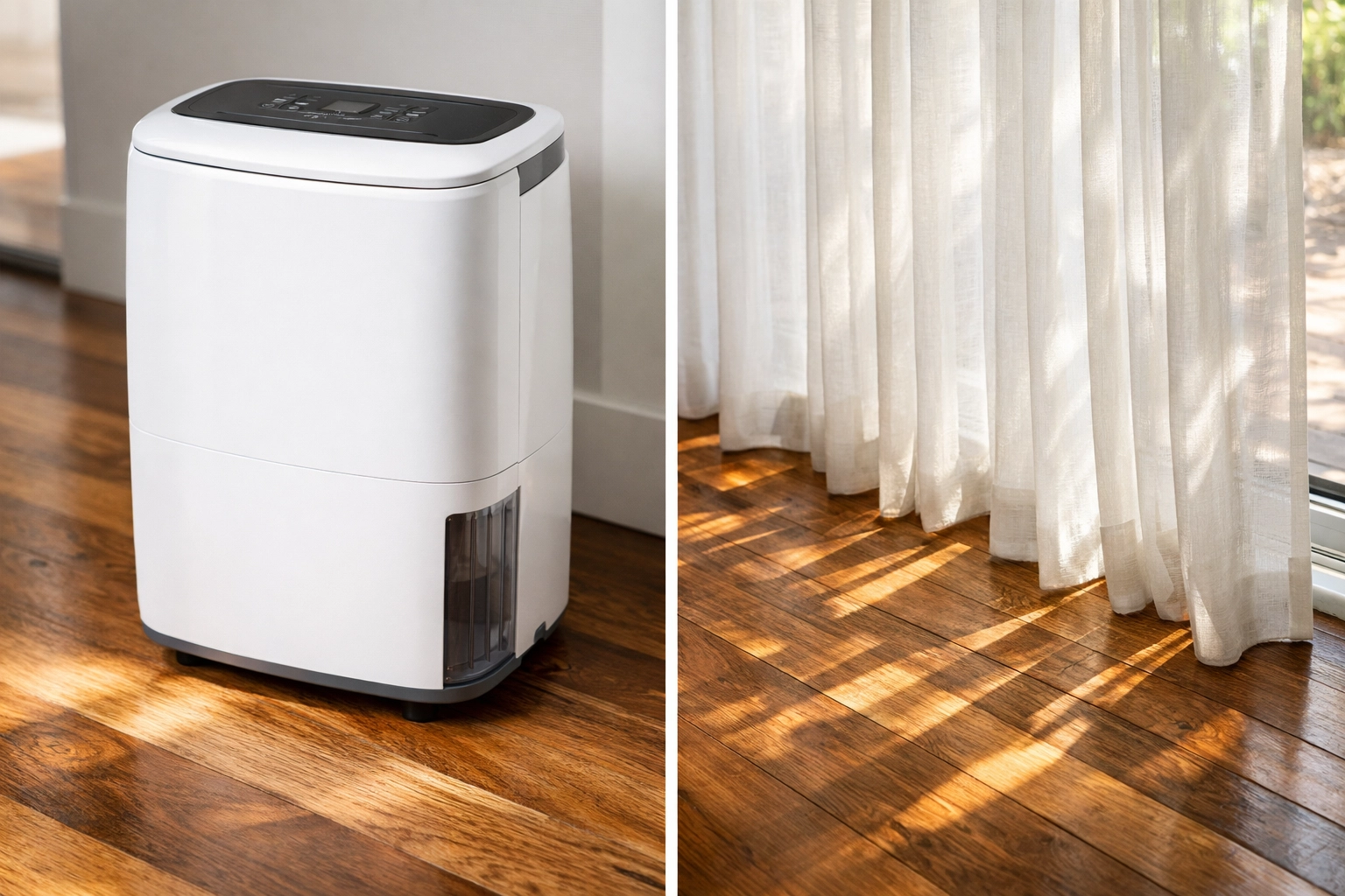 Dehumidifier and window treatments protecting hardwood floors during Chicago summer