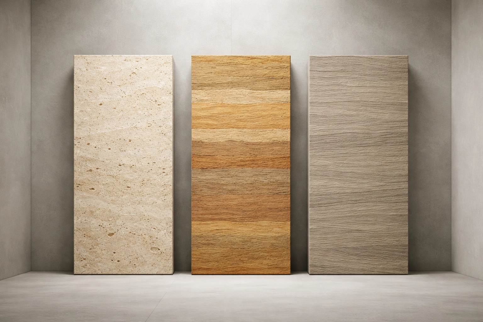 Three vertical panels displaying Lithos travertine, Megas rammed earth, and Stratos woodstone textures against a minimalist concrete backdrop