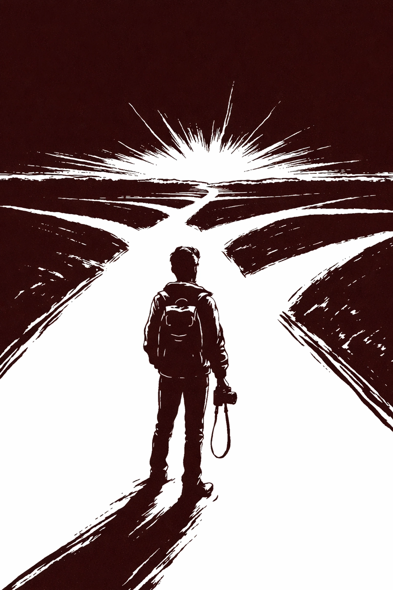 A photographer with a vintage camera stands at a crossroads, symbolizing the start of a creative journey in the IncluHub ecosystem.