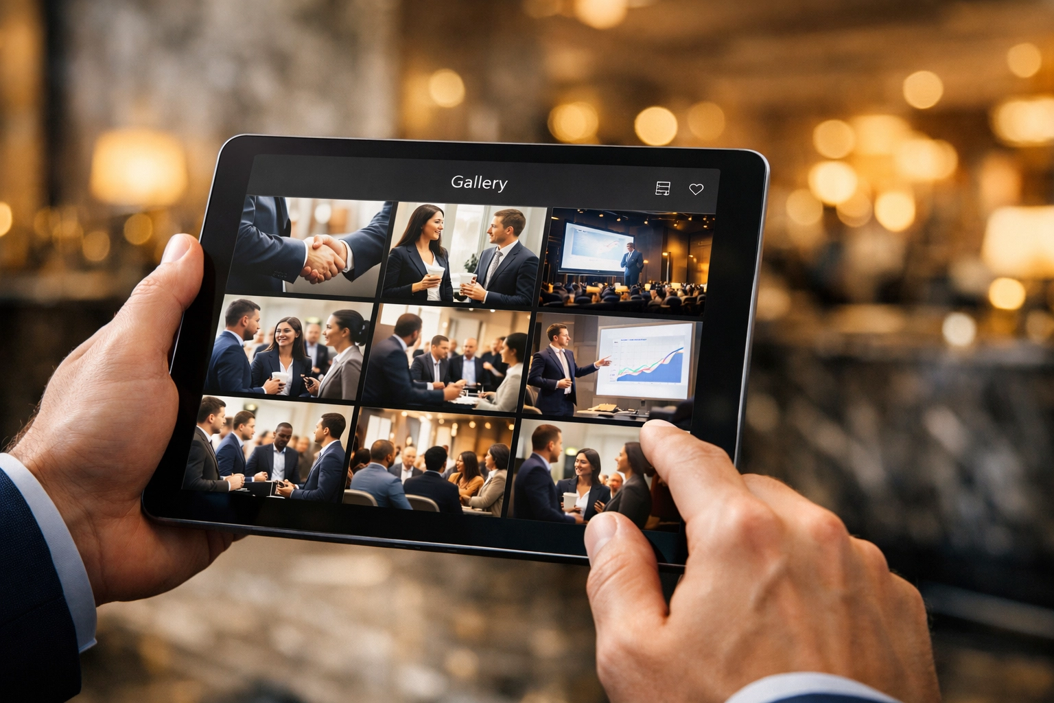 Corporate photography services gallery on a tablet showing fast image delivery during a business event.