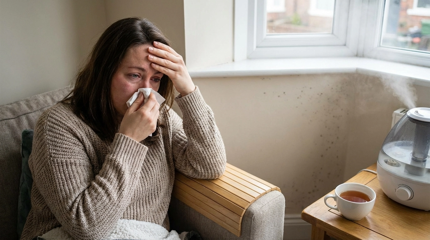 Woman indoors looking congested and uncomfortable in a living room, subtle signs of mold on the wall, showing sinus discomfort