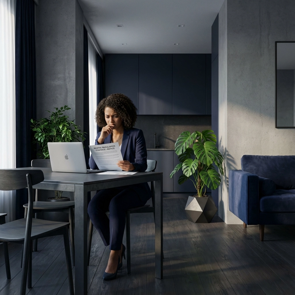 A woman in a navy suit sits at a table with a laptop, reading a notice with a focused expression in a modern room with plants.
