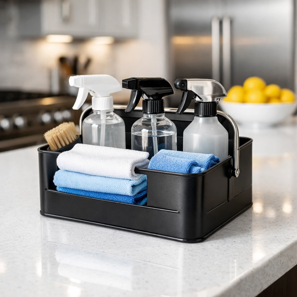 Professional cleaning supplies and organized caddy on a polished kitchen counter in a Yarmouth home.