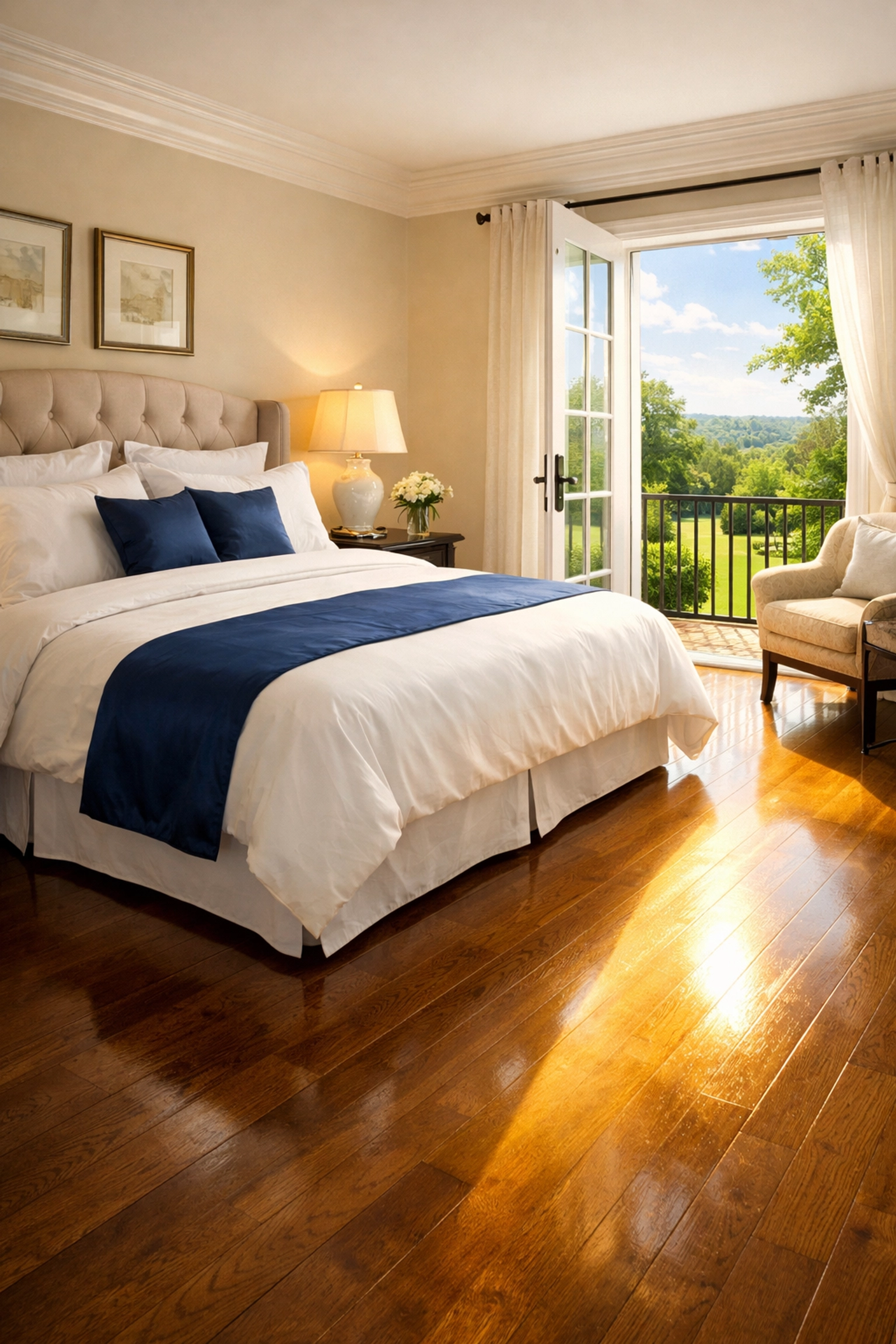 Fresh and clean master bedroom after expert house cleaning in Westborough, Massachusetts.