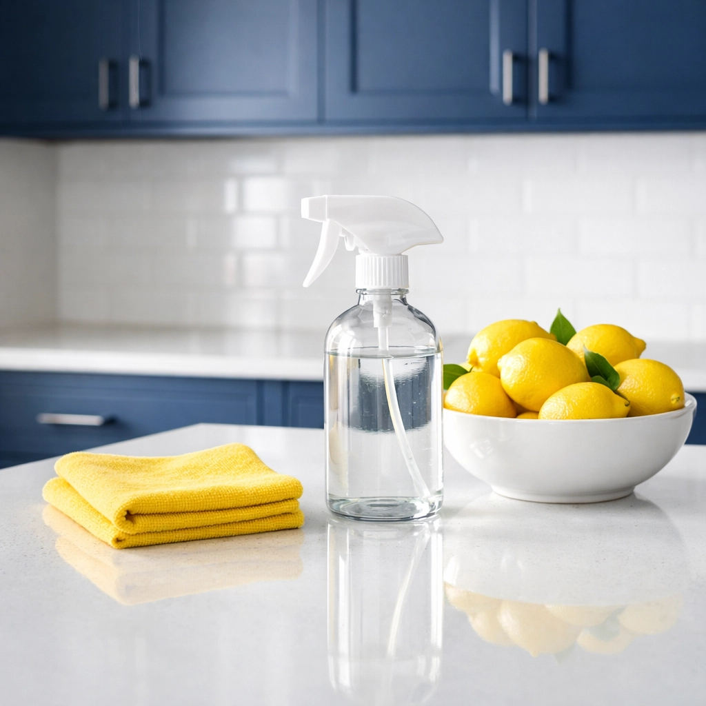 Microfiber cloth and natural cleaners on a kitchen counter for effective weekly house cleaning Leominster MA.