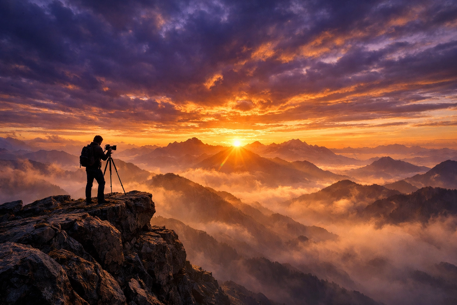 10 Reasons Your Photography Business Isn't Working (And How ProShoot.io Fixes It) 4 A landscape photographer at sunrise on a mountain peak, symbolizing a successful and growing photography business.