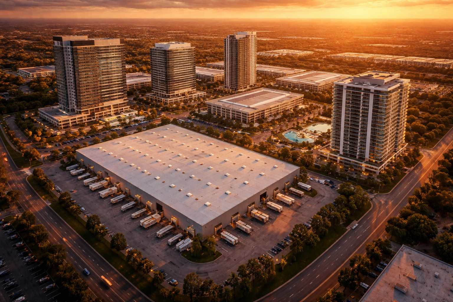 Luxury commercial real estate complex highlighting institutional property investments at sunset