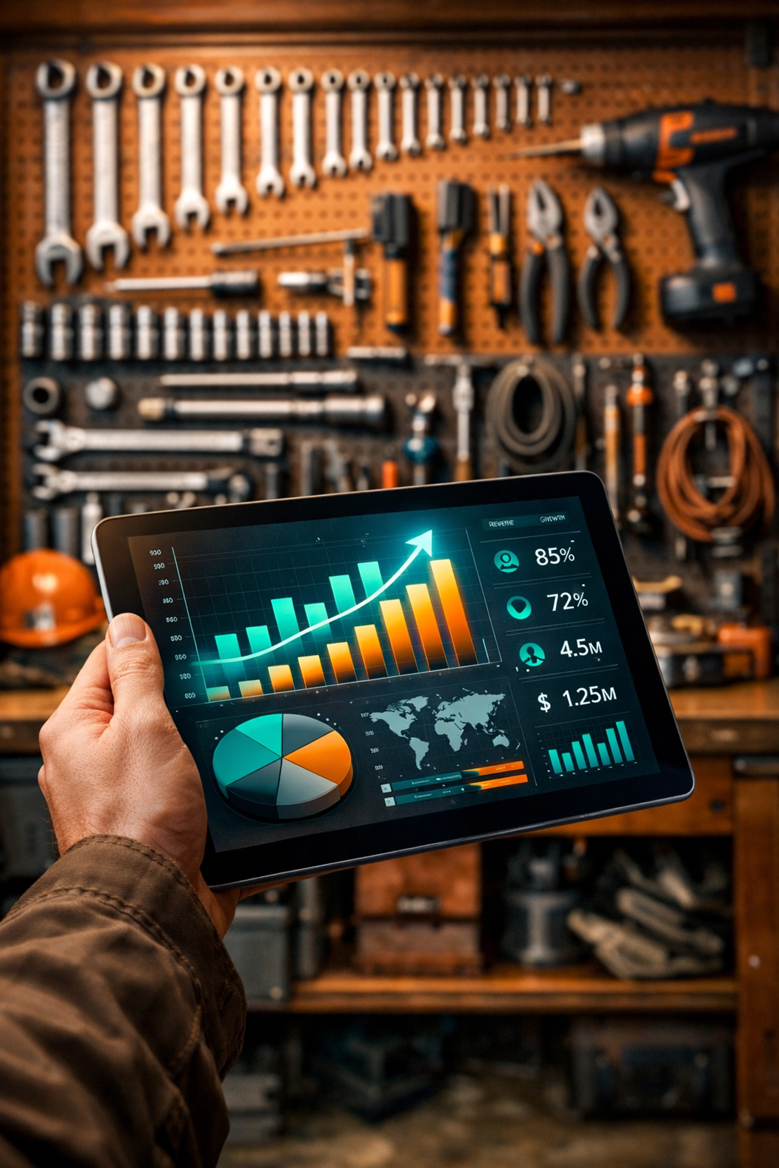 Digital tablet showing financial data in front of a workshop for property management maintenance due diligence.