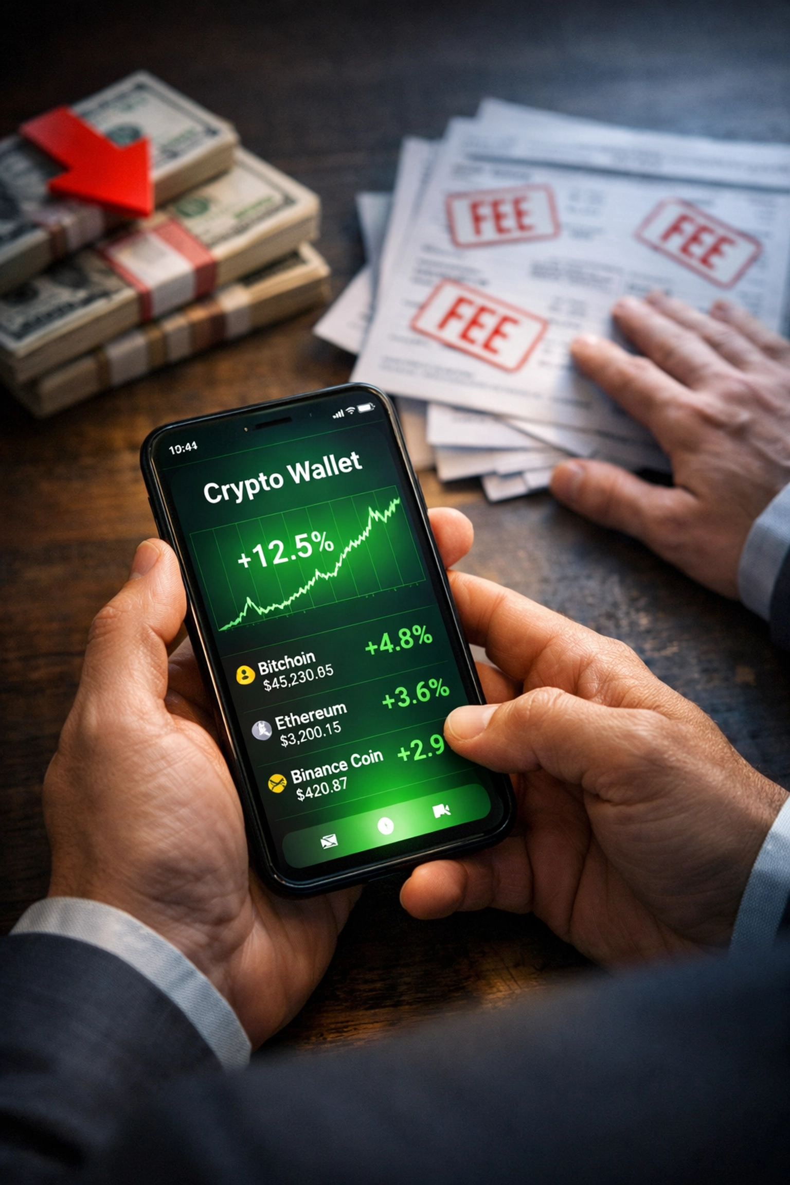 Crypto wallet showing merchant savings compared to traditional bank fees and statements