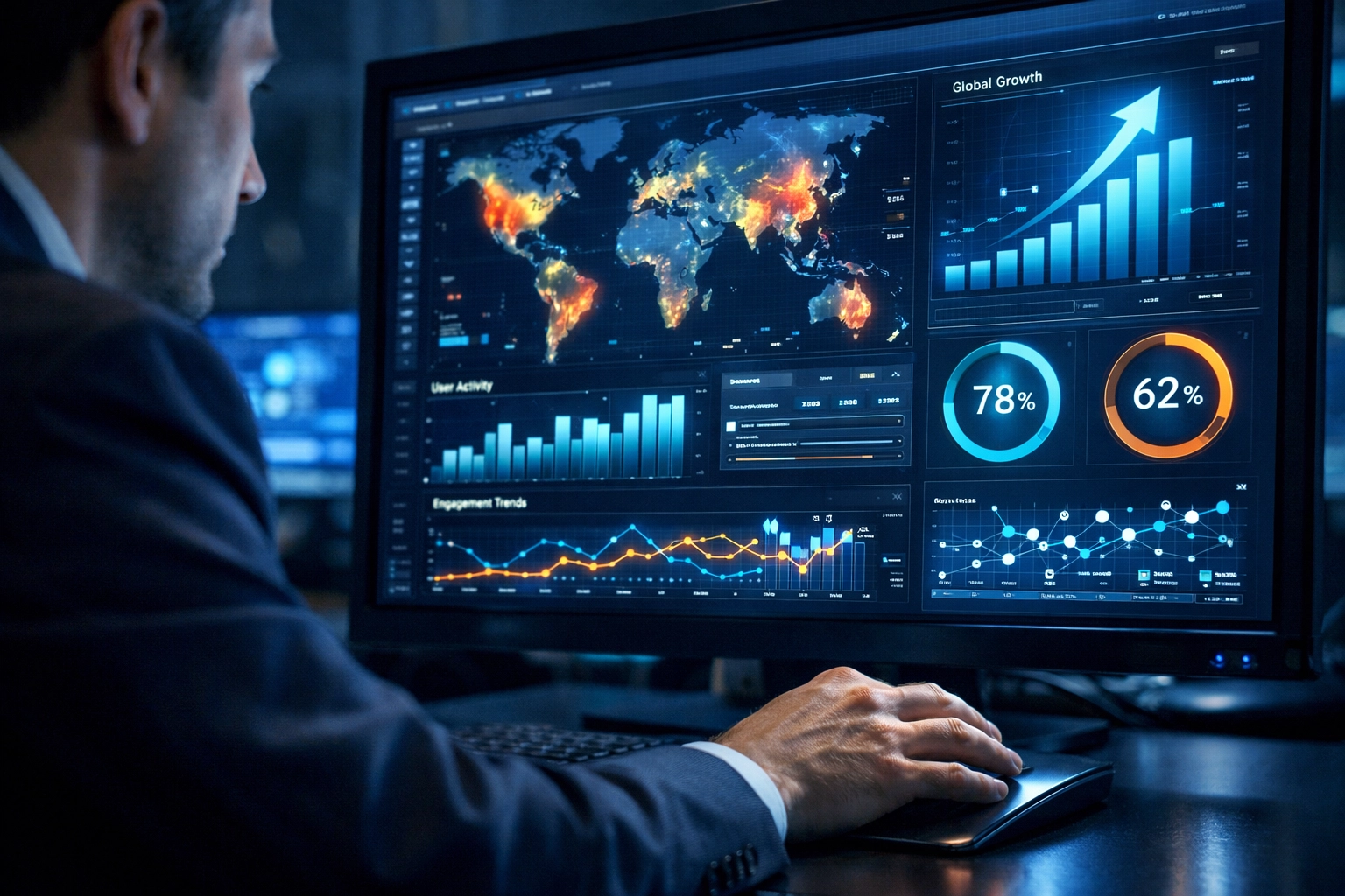 Strategic consultant analyzing real-time data visualizations for Dakdan Worldwide technology and service optimization.