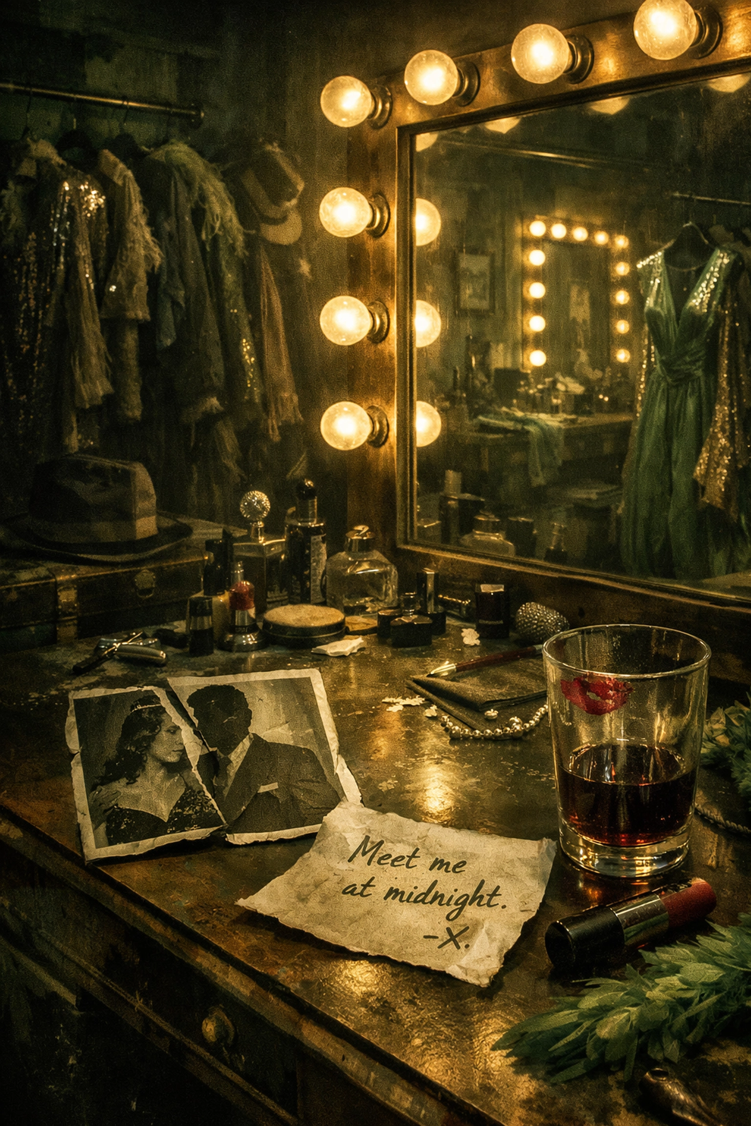 Backstage dressing room with mysterious clues from drag queen murder mystery