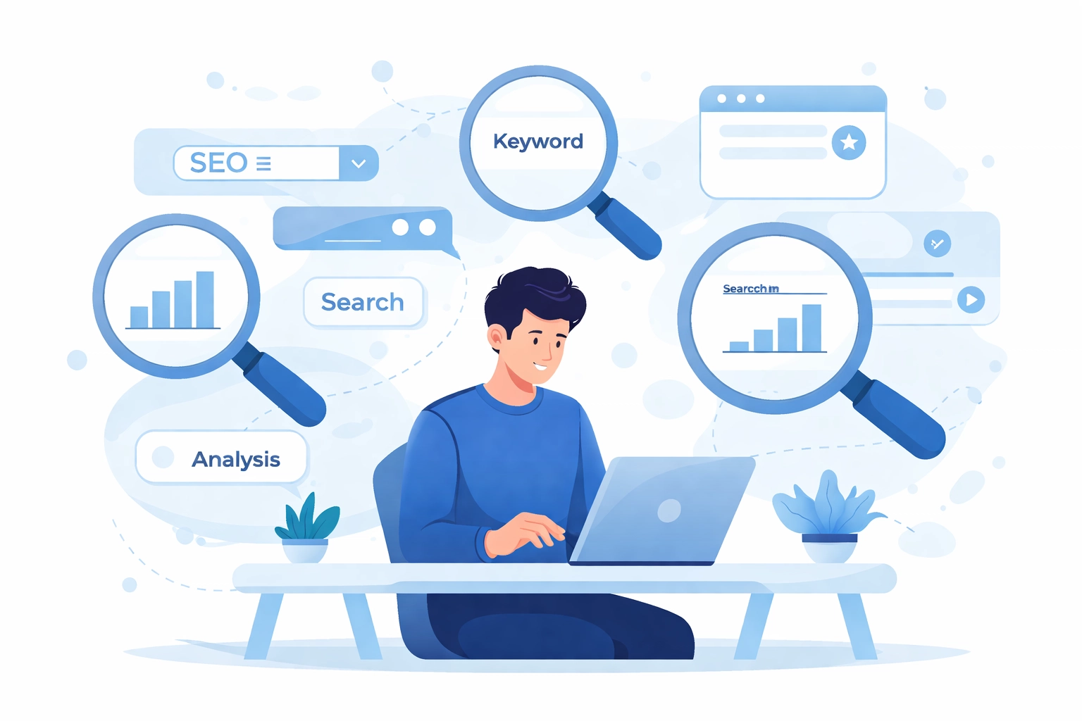 Person at desk with laptop analyzing keyword data and search volume, representing effective keyword research for SEO
