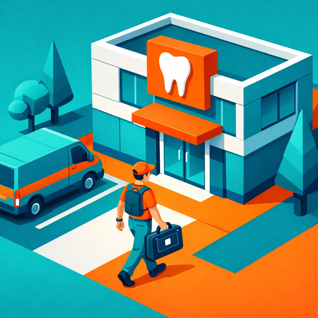 Onsite mobile IT support technician arriving at a dental office to perform hardware maintenance and technical repairs.