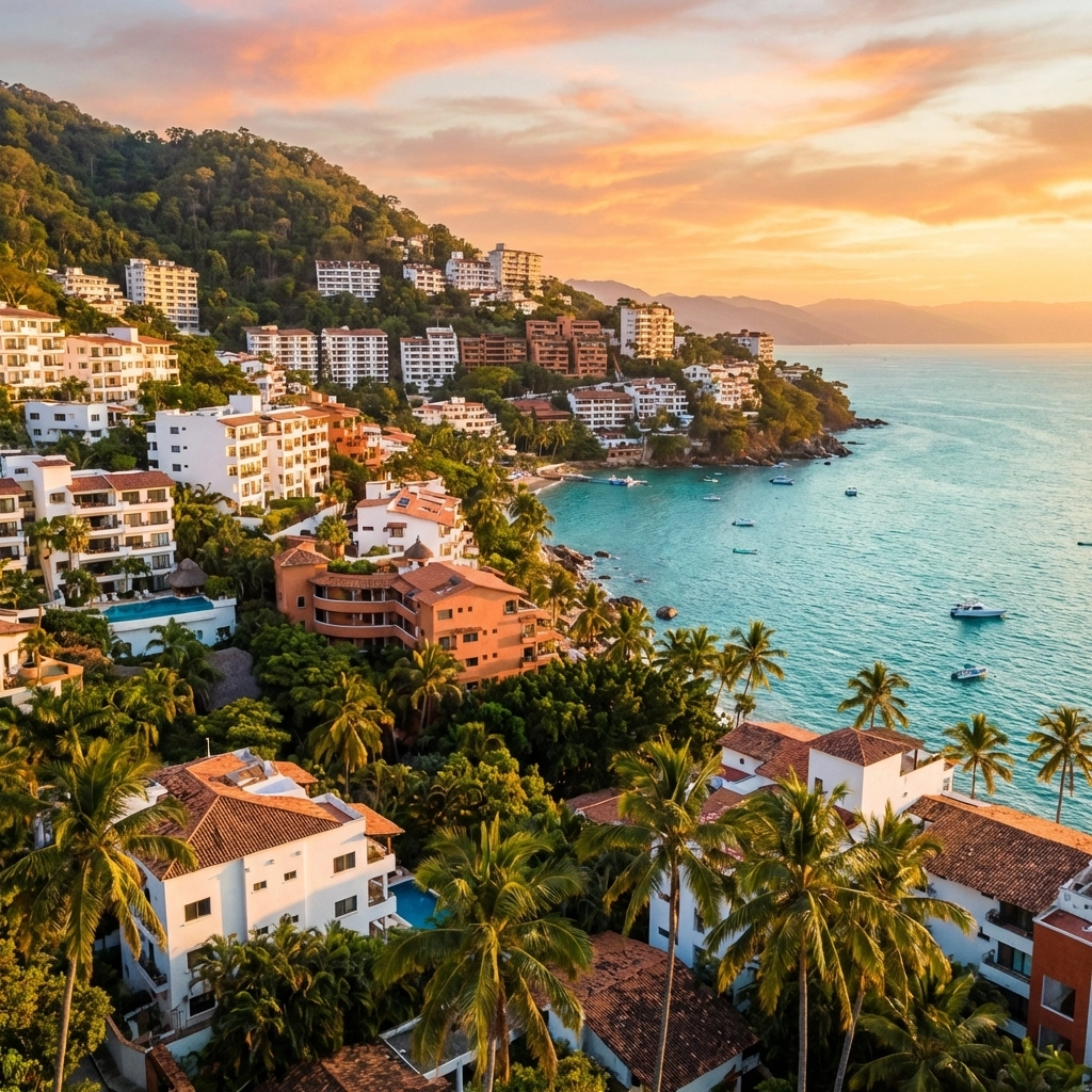 Aerial view of Amapas neighborhood hillside condos overlooking Banderas Bay in Puerto Vallarta