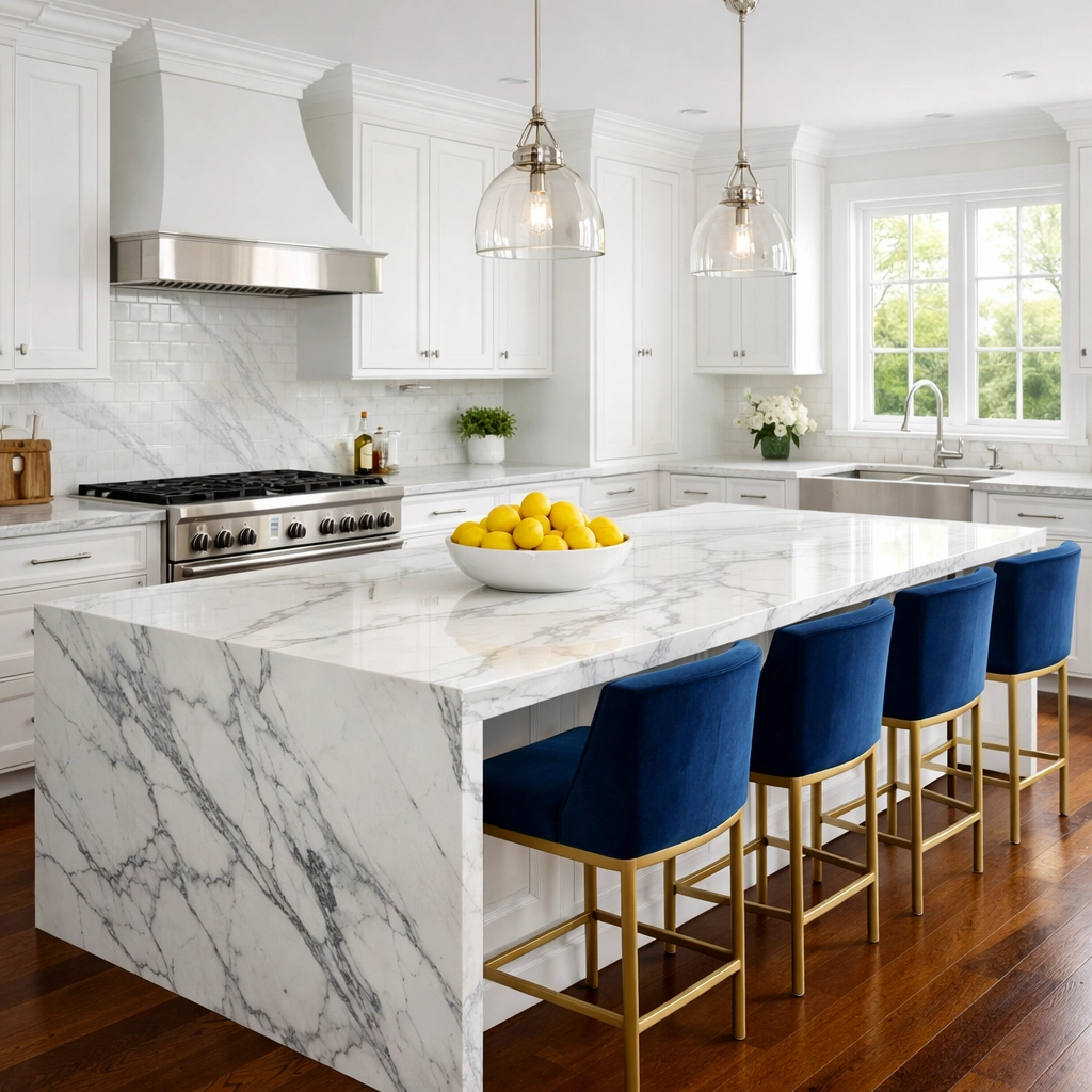 Spotless high-end kitchen with marble countertops, representing luxury house cleaning in Lexington.