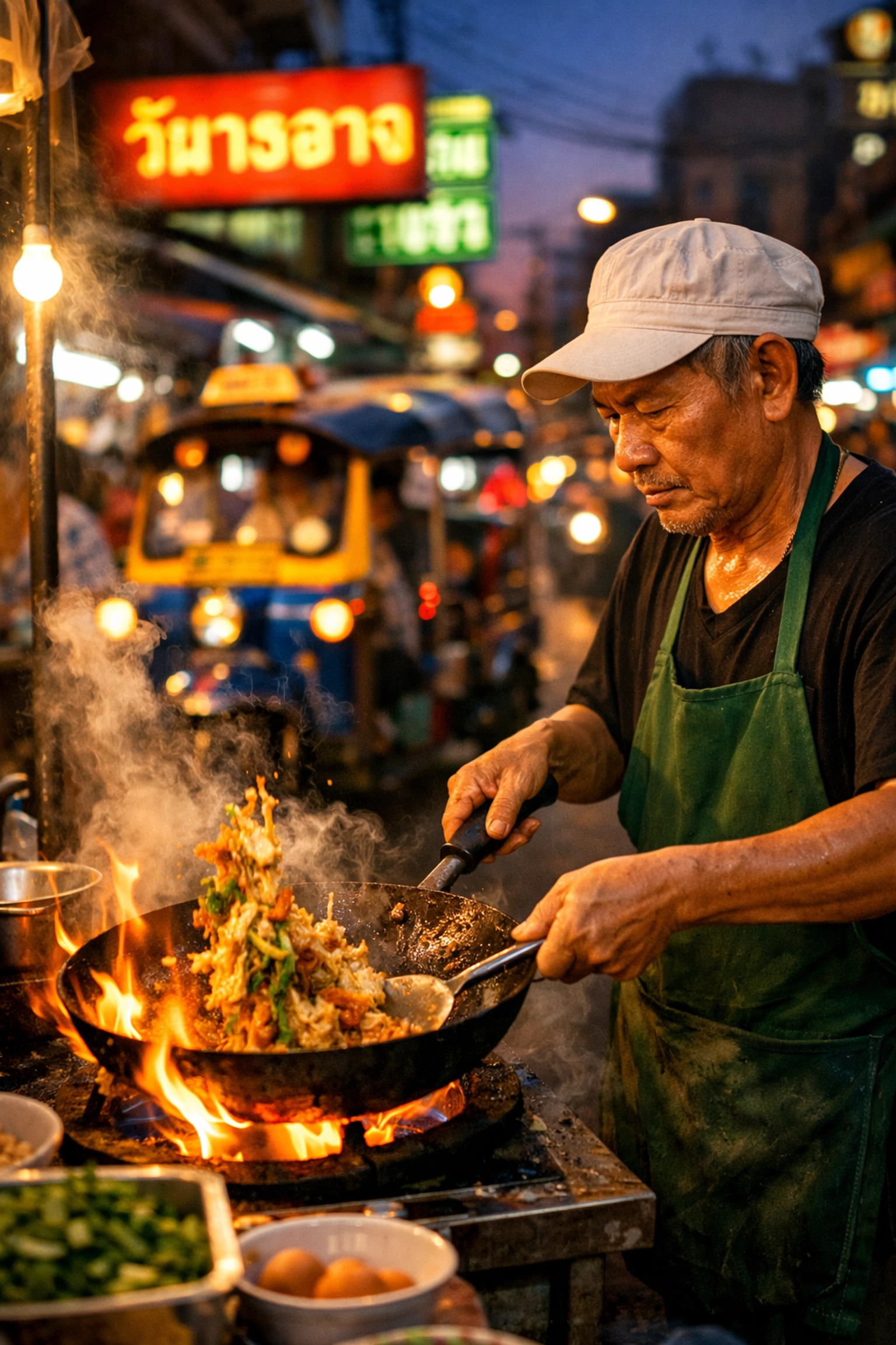 The Ultimate Guide to Bangkok Budget Travel Food: Everything You Need to Eat Like a Local 1 A street food vendor stir-frying at a night market stall in Yaowarat Chinatown, Bangkok.