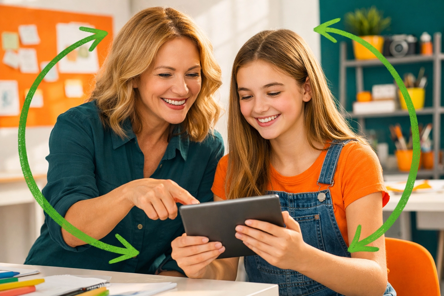 Mentor guiding a teenage girl with a tablet on the Complete Life Skills Platform for online learning.