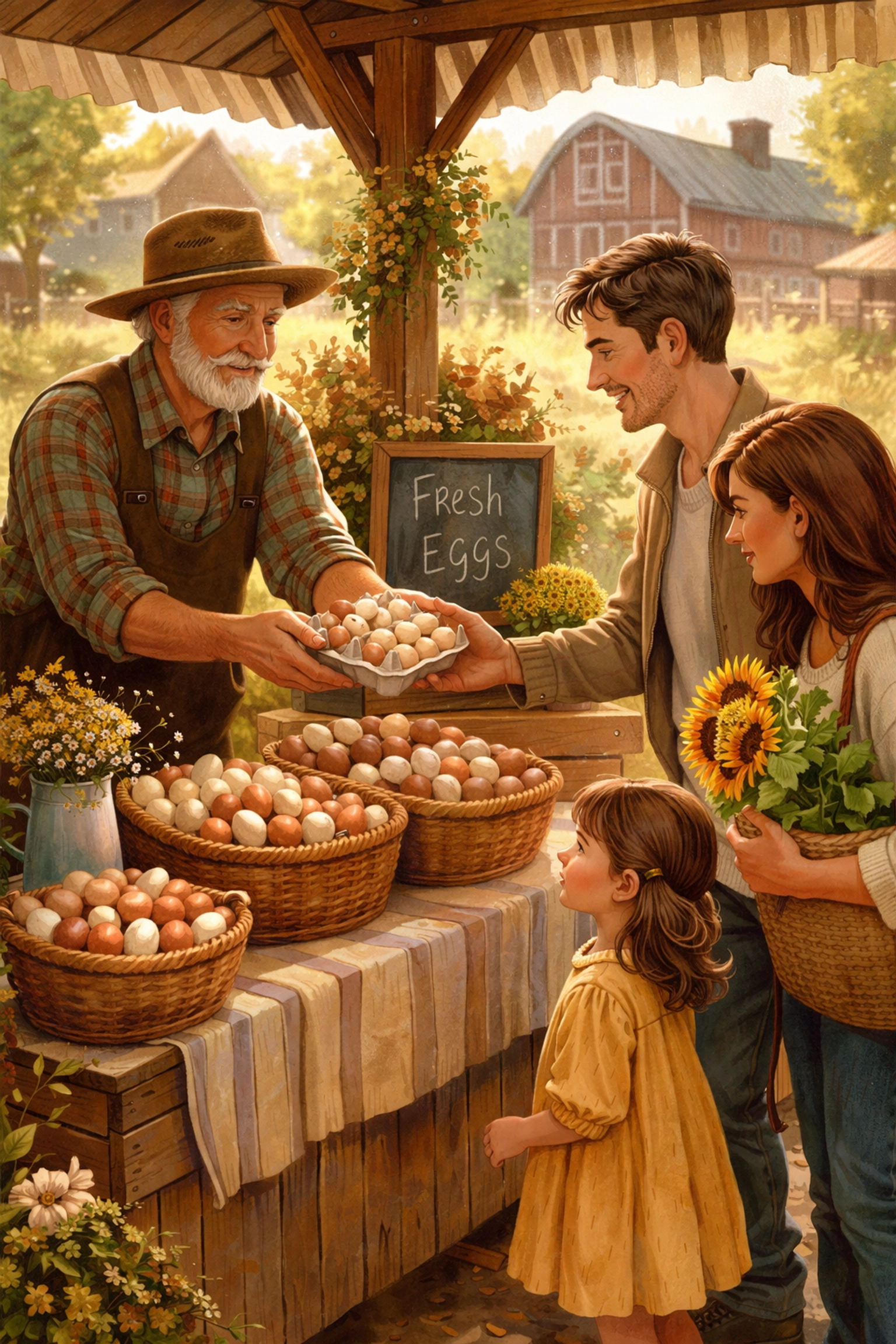 Local farmer handing farm fresh eggs to a family at a farmers market, highlighting fresh eggs near you