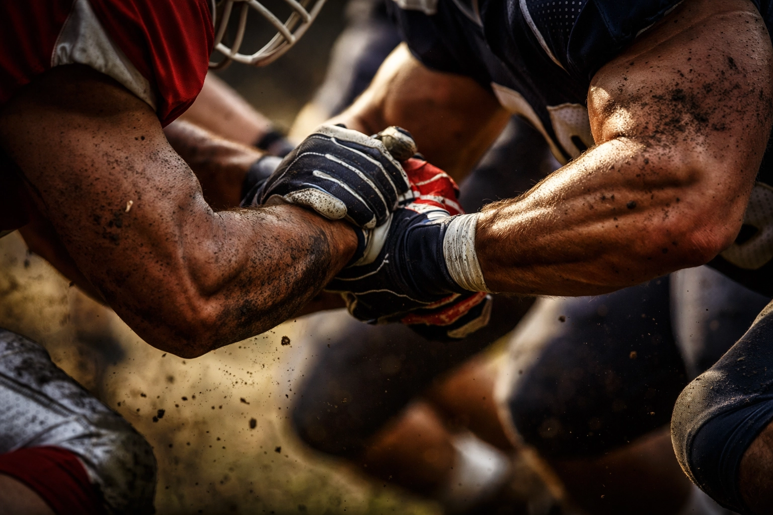 Close-up of offensive linemen battling at the line of scrimmage, showcasing the power and competition in SEC football