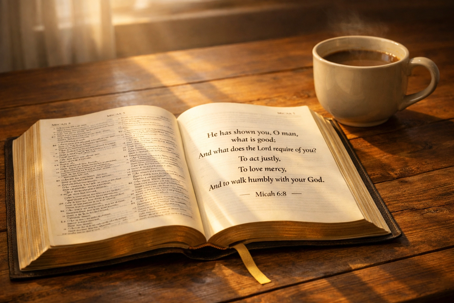 Open Bible displaying Micah 6:8 about acting justly and loving mercy
