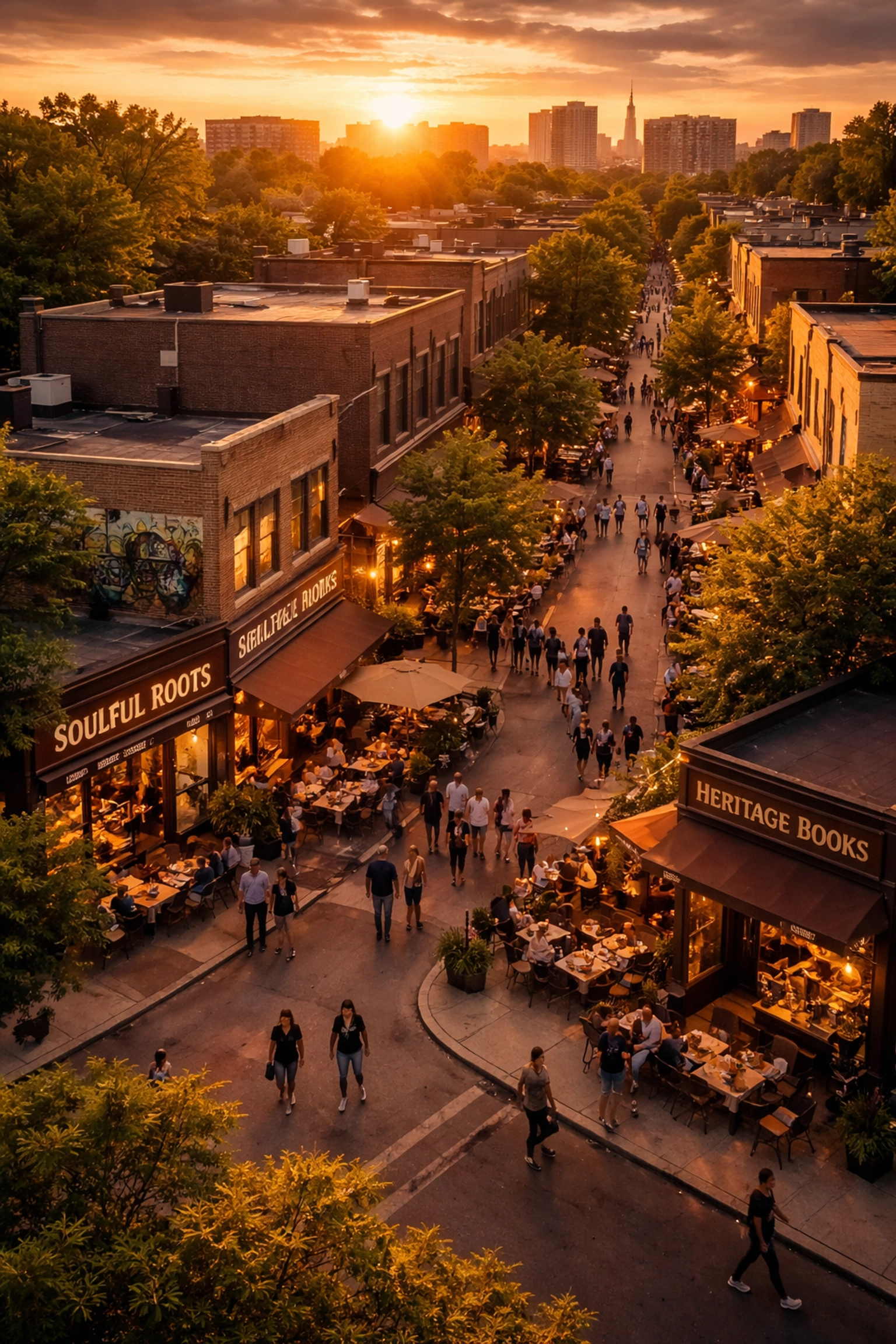 Banking on Our Future: Why the West's First Black-Owned Bank is a Win for All of Us Aerial view of thriving urban neighborhood with Black-owned storefronts and community activity