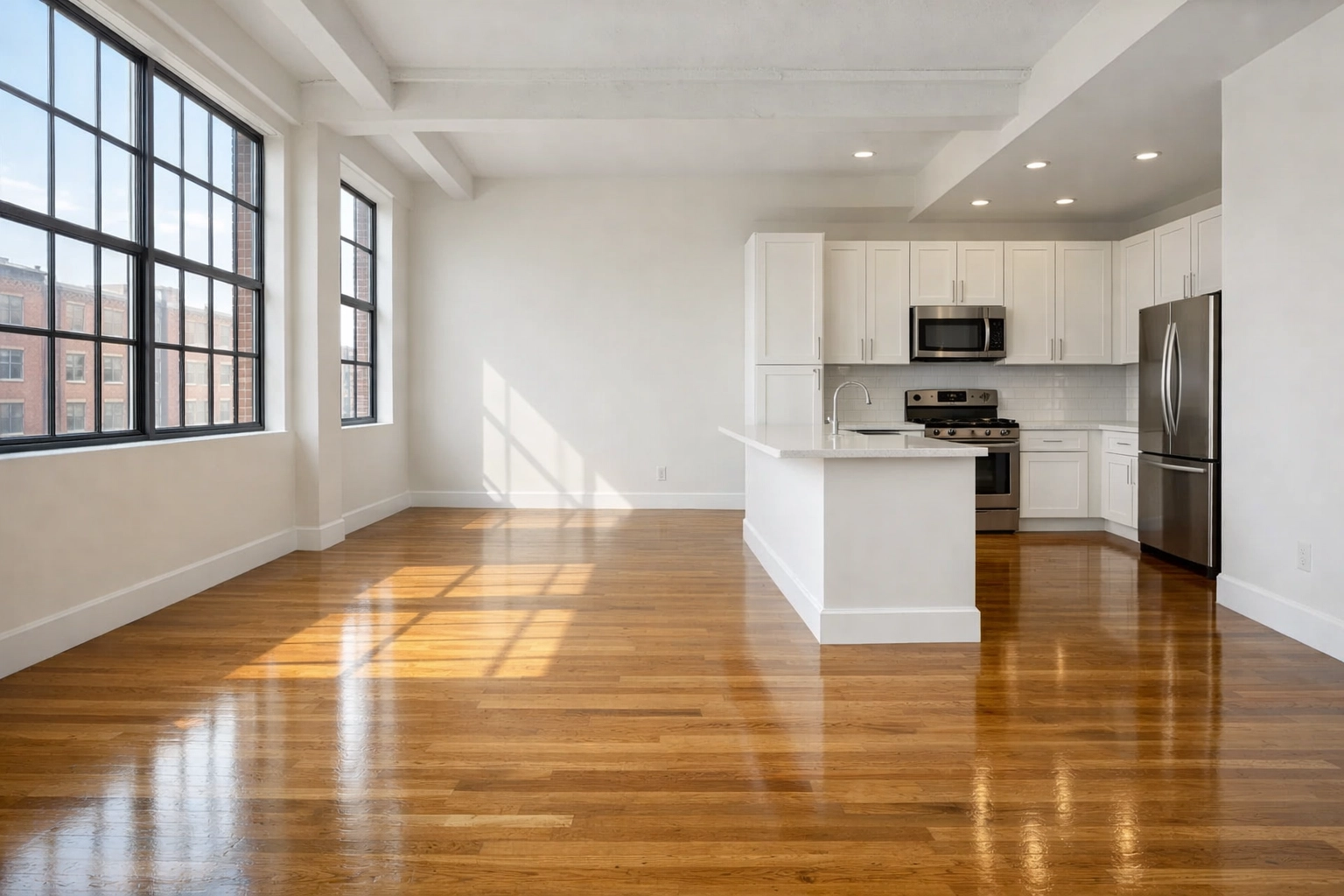 Pristine Detroit multifamily apartment with polished floors ready for efficient tenant turnover.