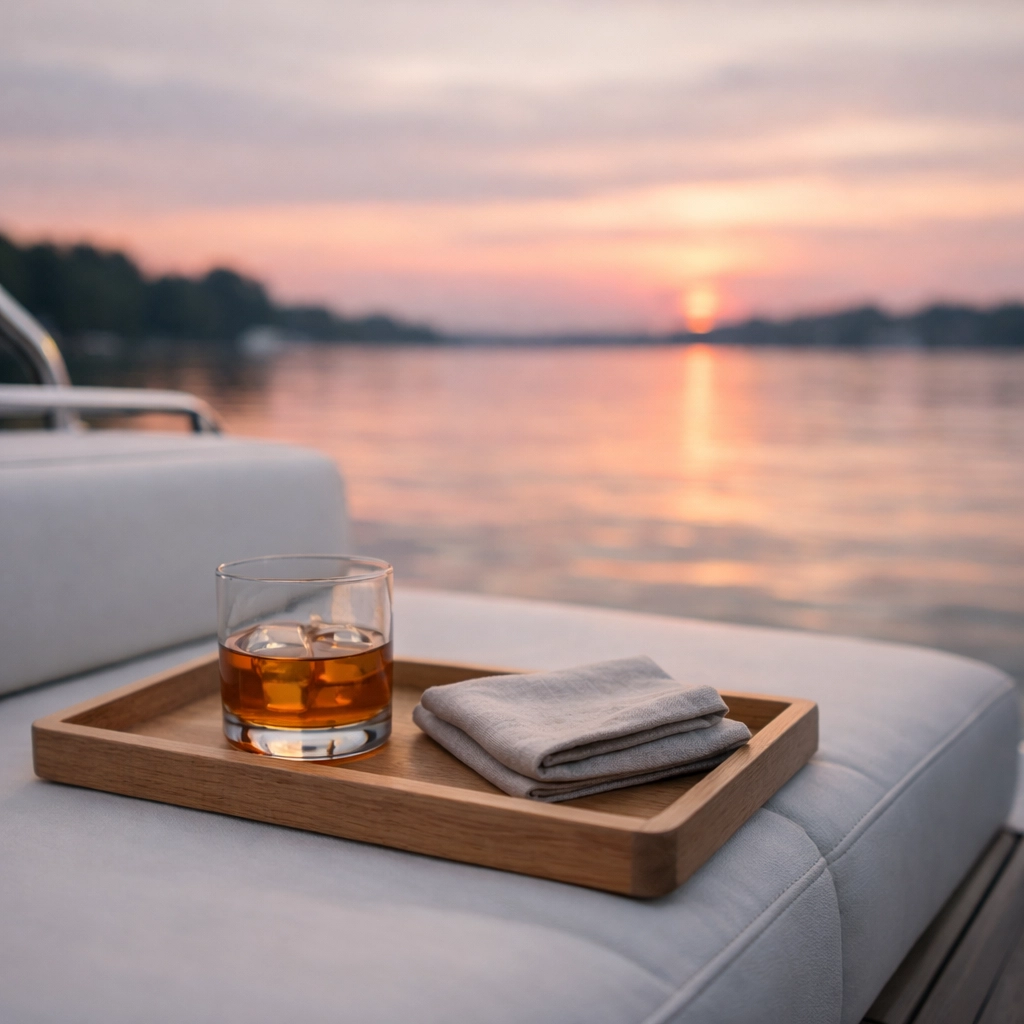 Clean white custom boat upholstery in a lounge area, overlooking a tranquil Michigan sunset.