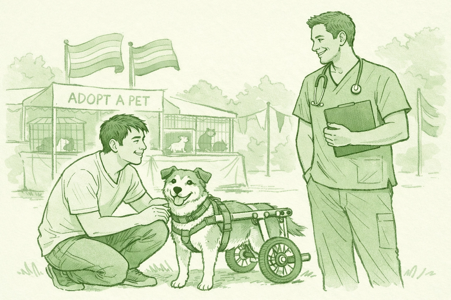 LGBTQ+ men at Pride pet adoption event with special needs dog