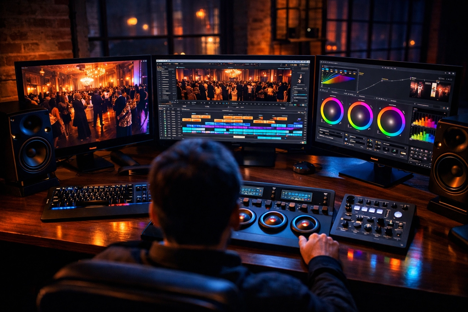 Professional post-production suite color-grading event video footage for a corporate client in NYC.