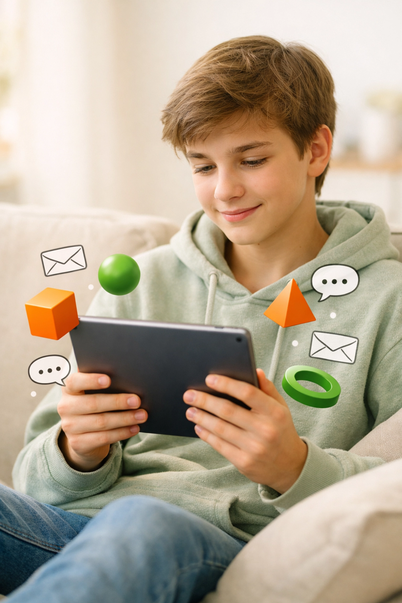 Teenager practicing respectful digital communication and netiquette skills on a tablet.