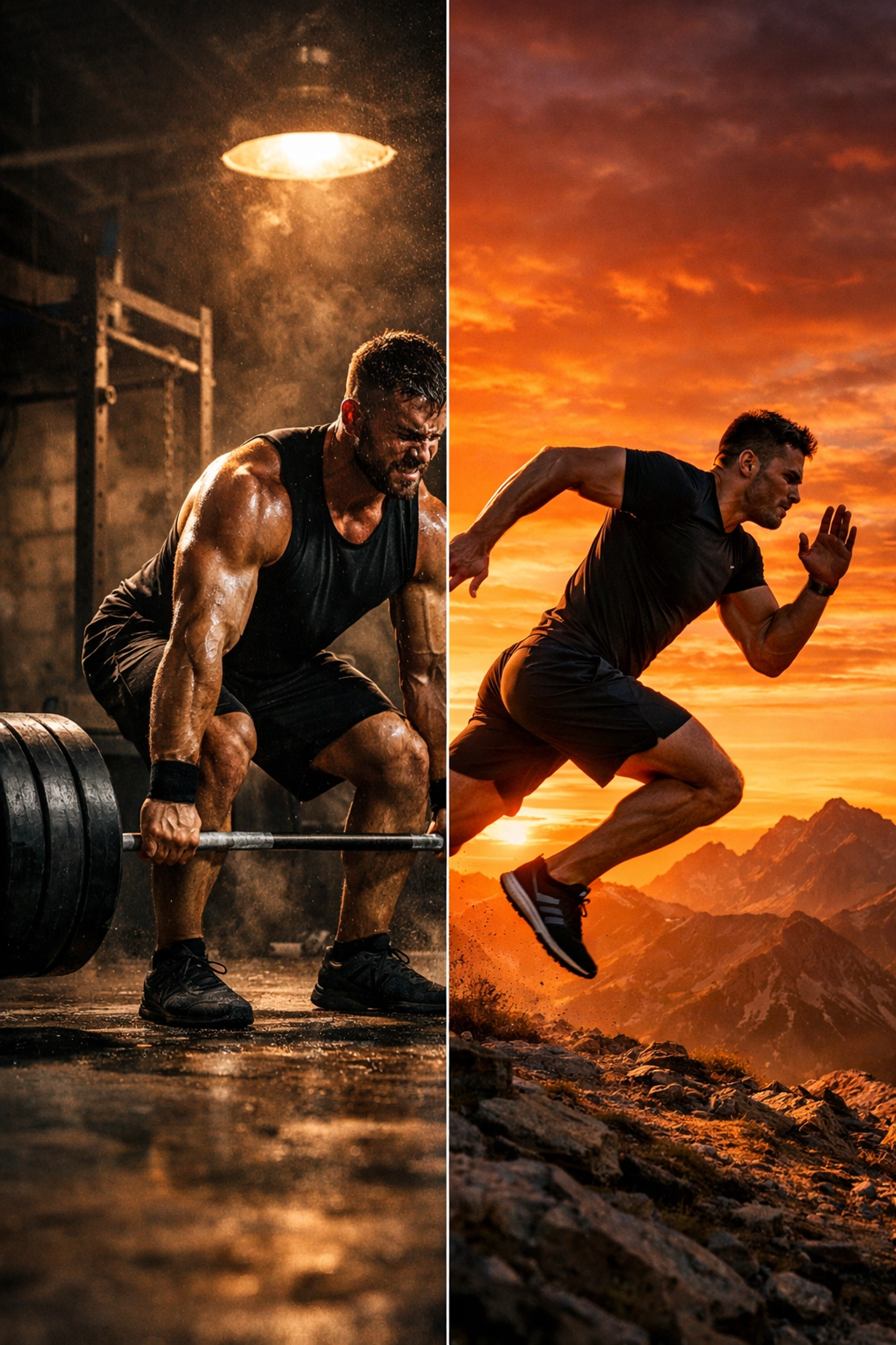 Hybrid athlete deadlifting and trail running to illustrate the balance of strength and endurance training.