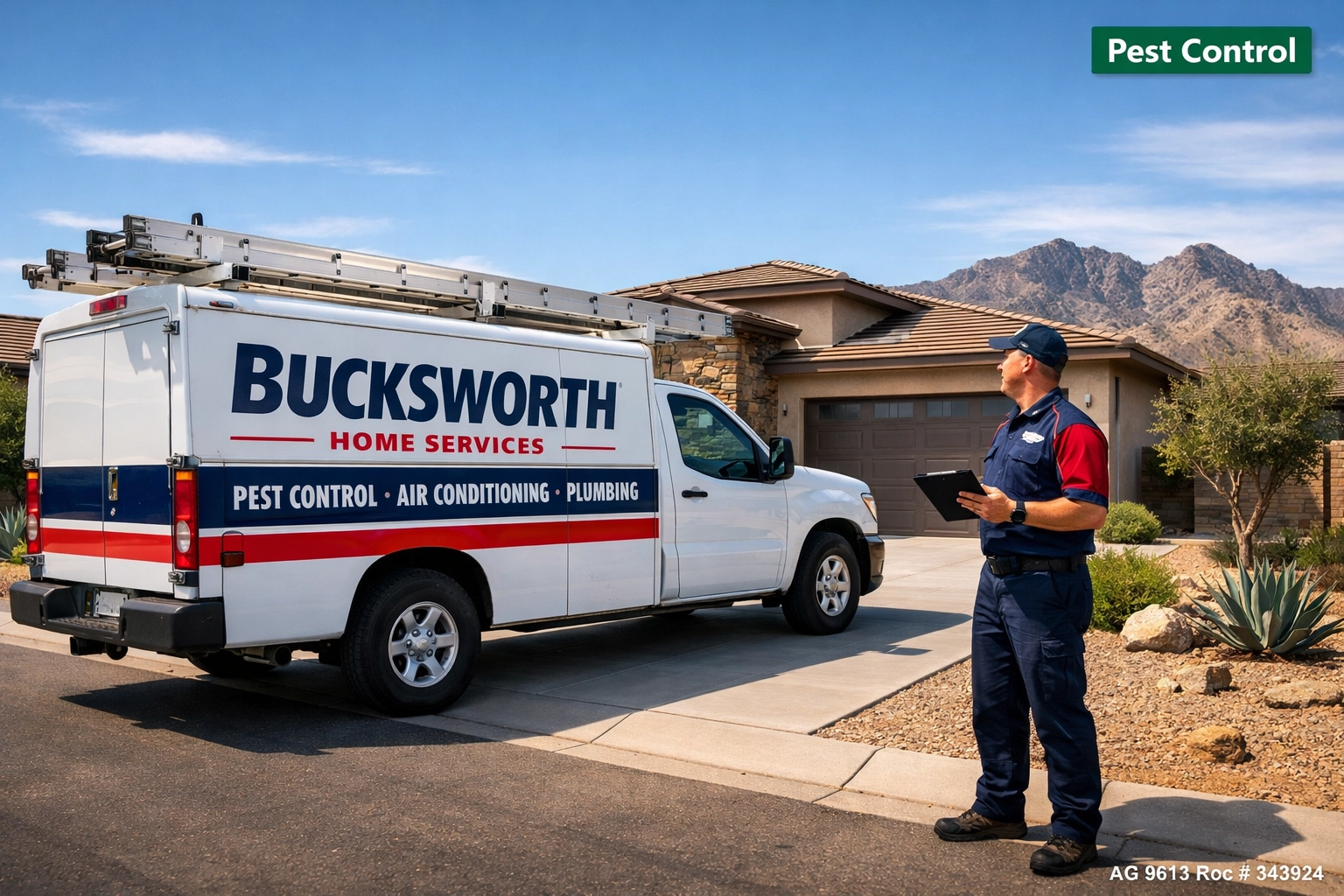 Bucksworth Home Services truck and technician at a San Tan Valley home in Johnson Ranch.