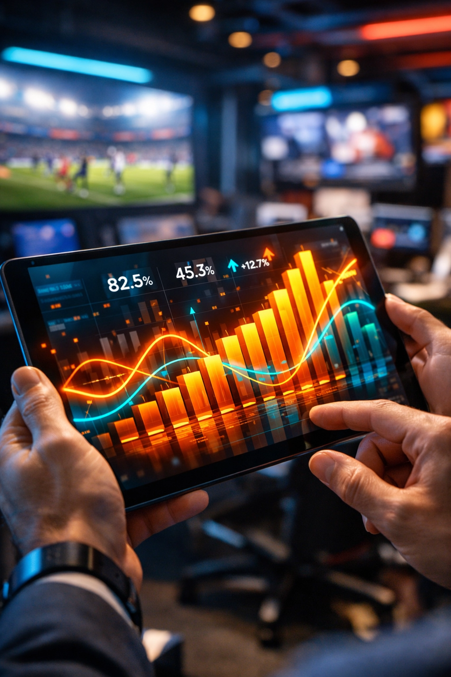 Digital analyst reviewing consumer sentiment and marketing performance metrics on a tablet.