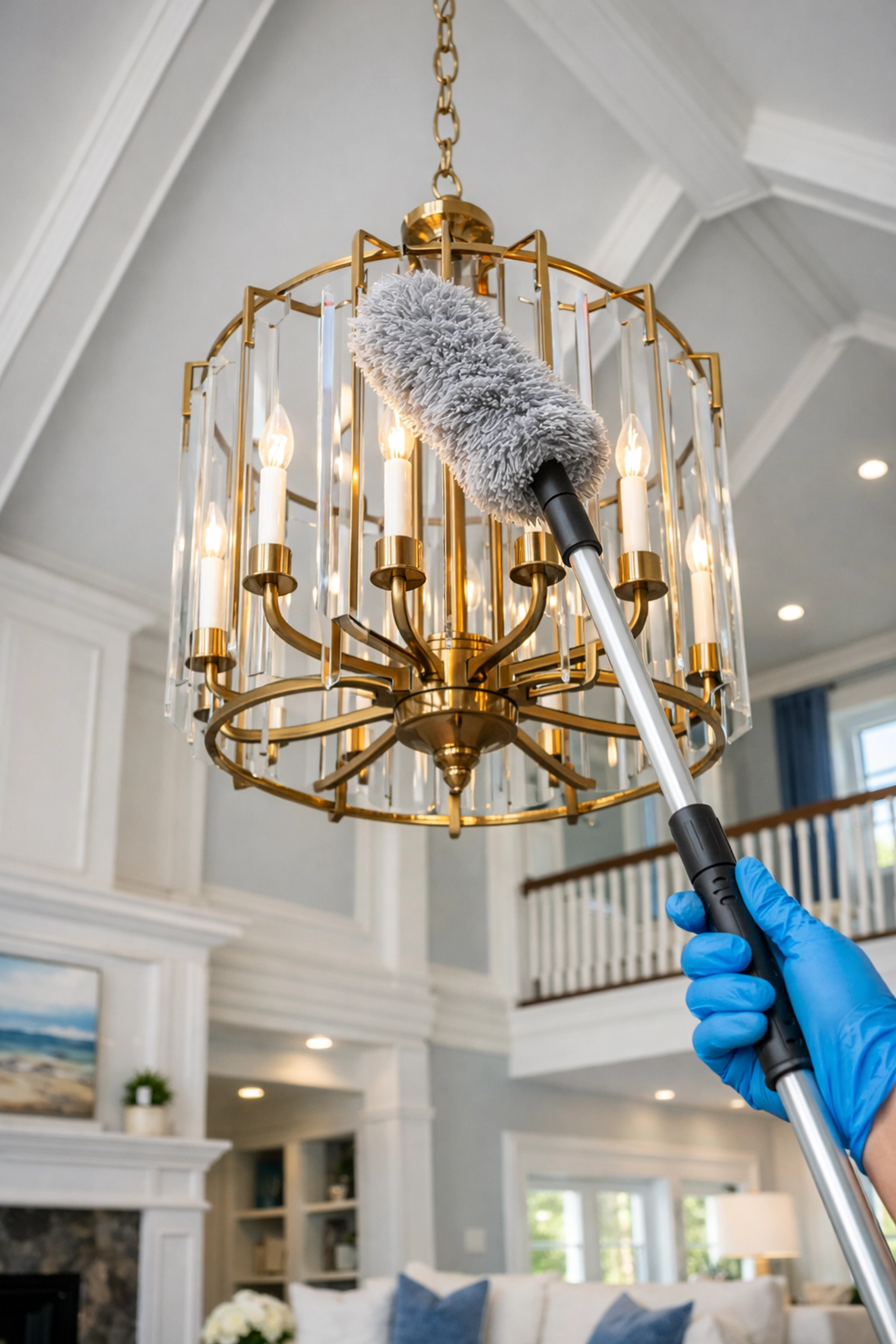 Professional top-to-bottom post construction cleaning in Carlisle featuring high-reach dusting of a chandelier.