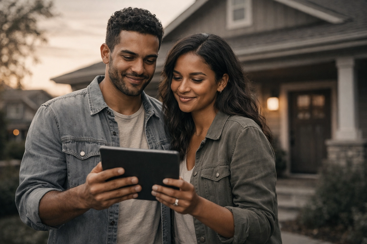Confident Canadian couple outside their home after securing an installment loan with bad credit.