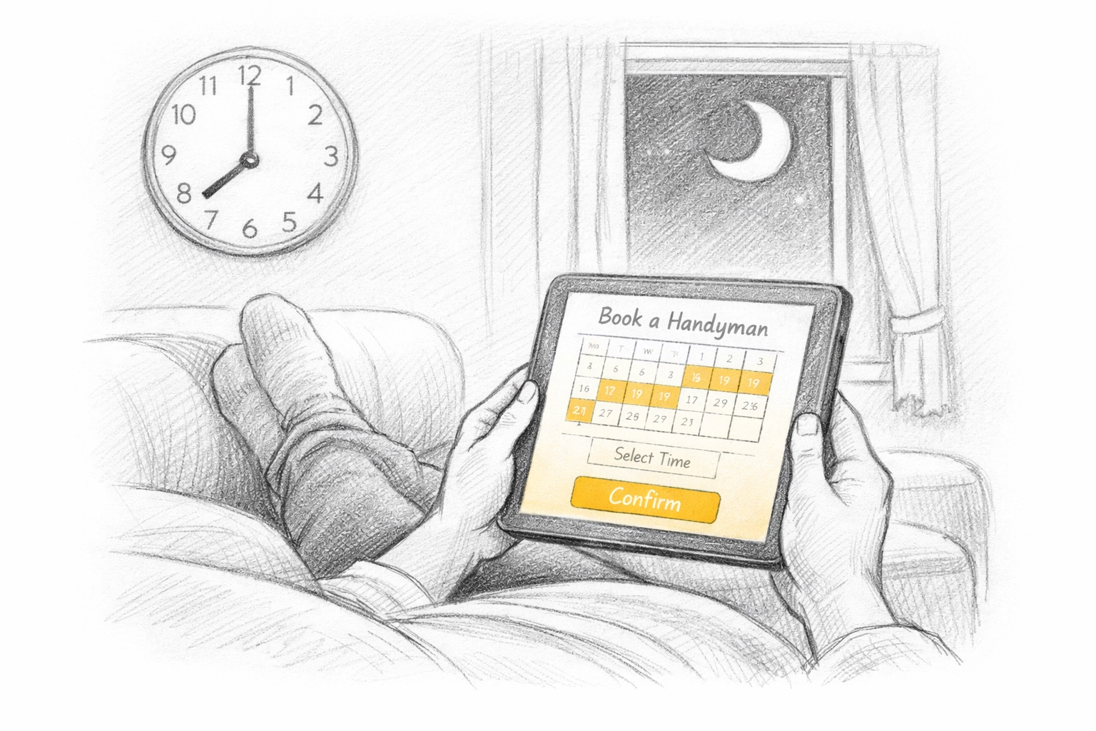 Homeowner booking handyman services online at night using a booking-ready website on tablet